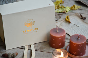 Carved Heart Pillar Candles and Ceramic Holder | Gift Box (Pink)