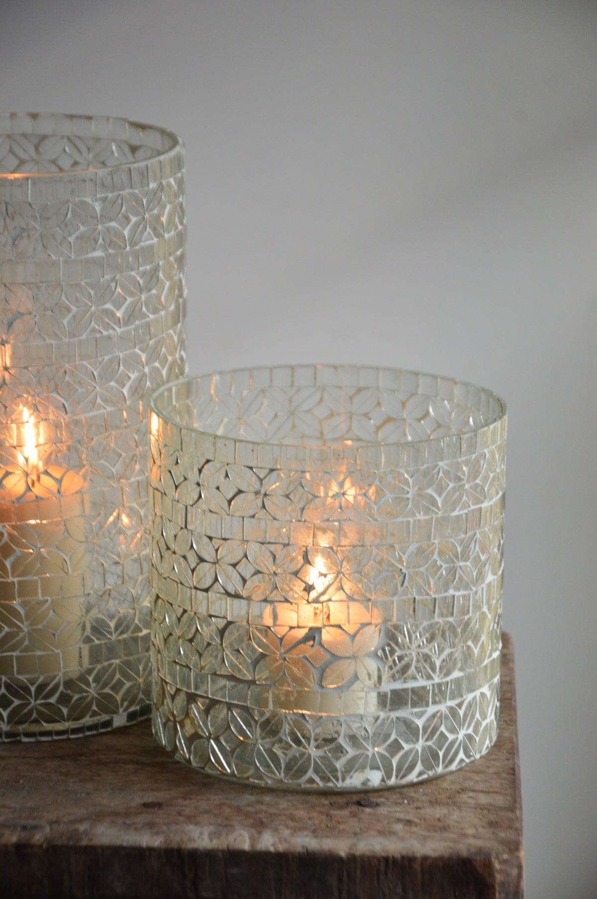 White Christmas Mosaic Holder Pair with Pillar Candles