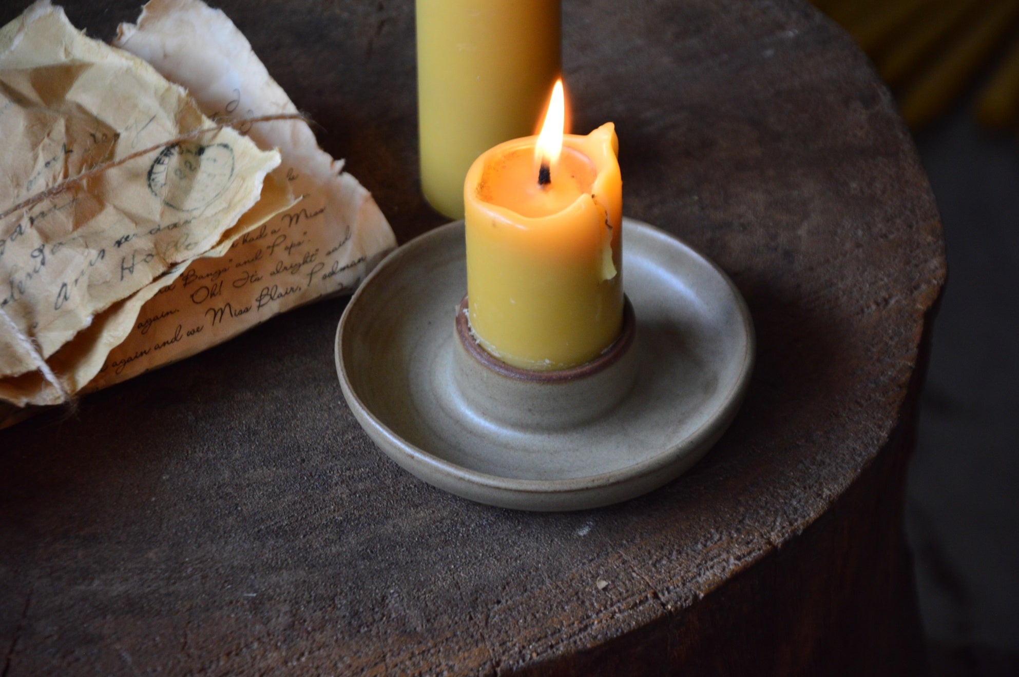 Petite Beeswax Pillars with Brown Ceramic Holder