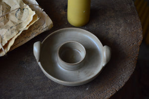 Petite Beeswax Pillars with Brown Handles Ceramic Holder