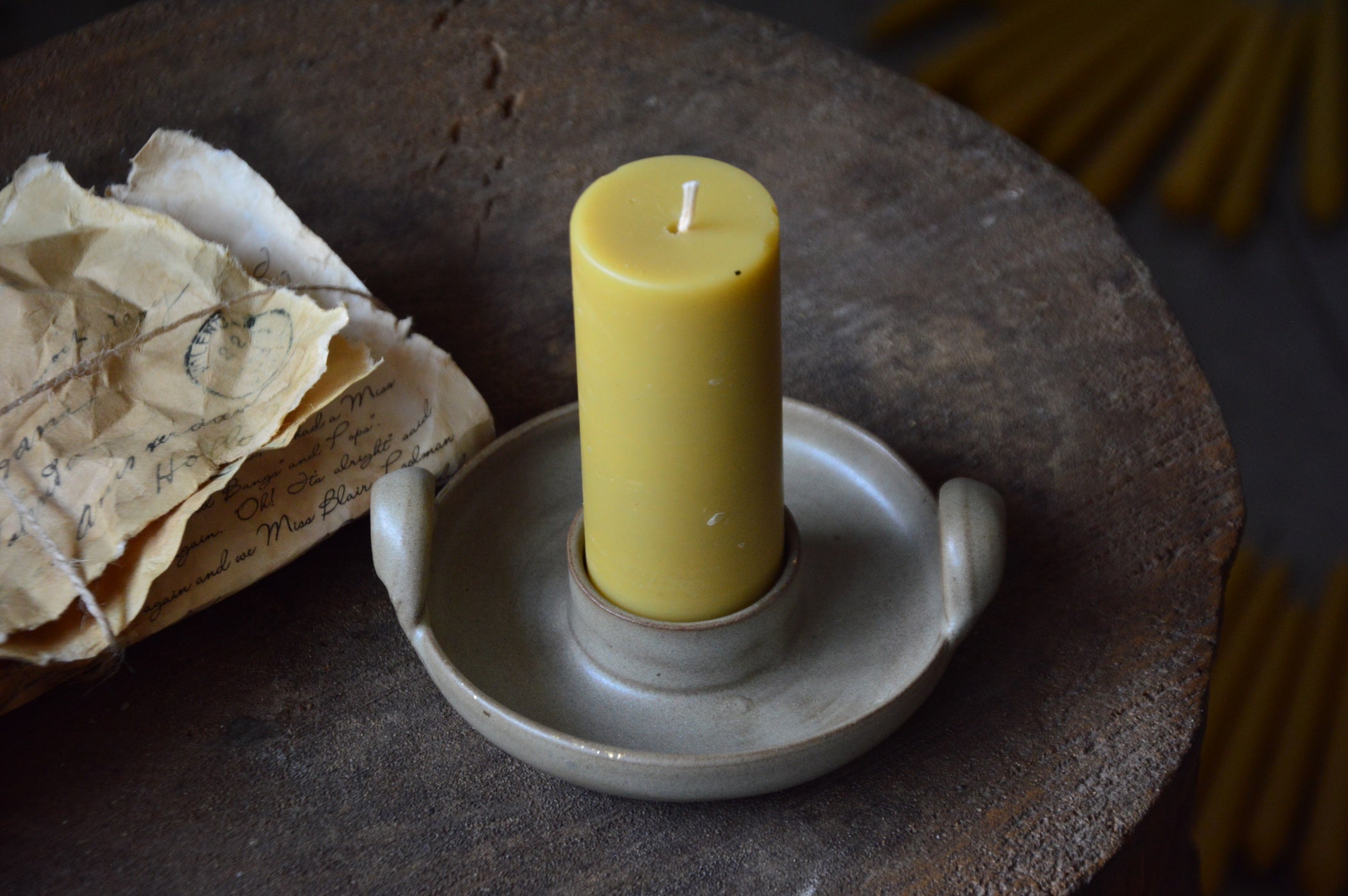 Petite Beeswax Pillars with Brown Handles Ceramic Holder