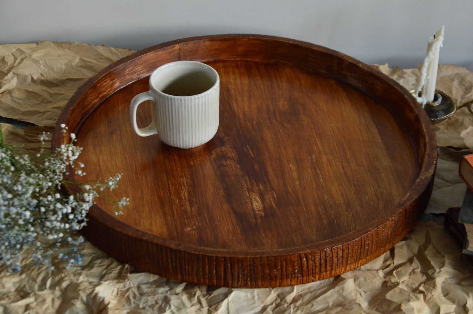 Preorder Textured Round Wooden Serving Tray