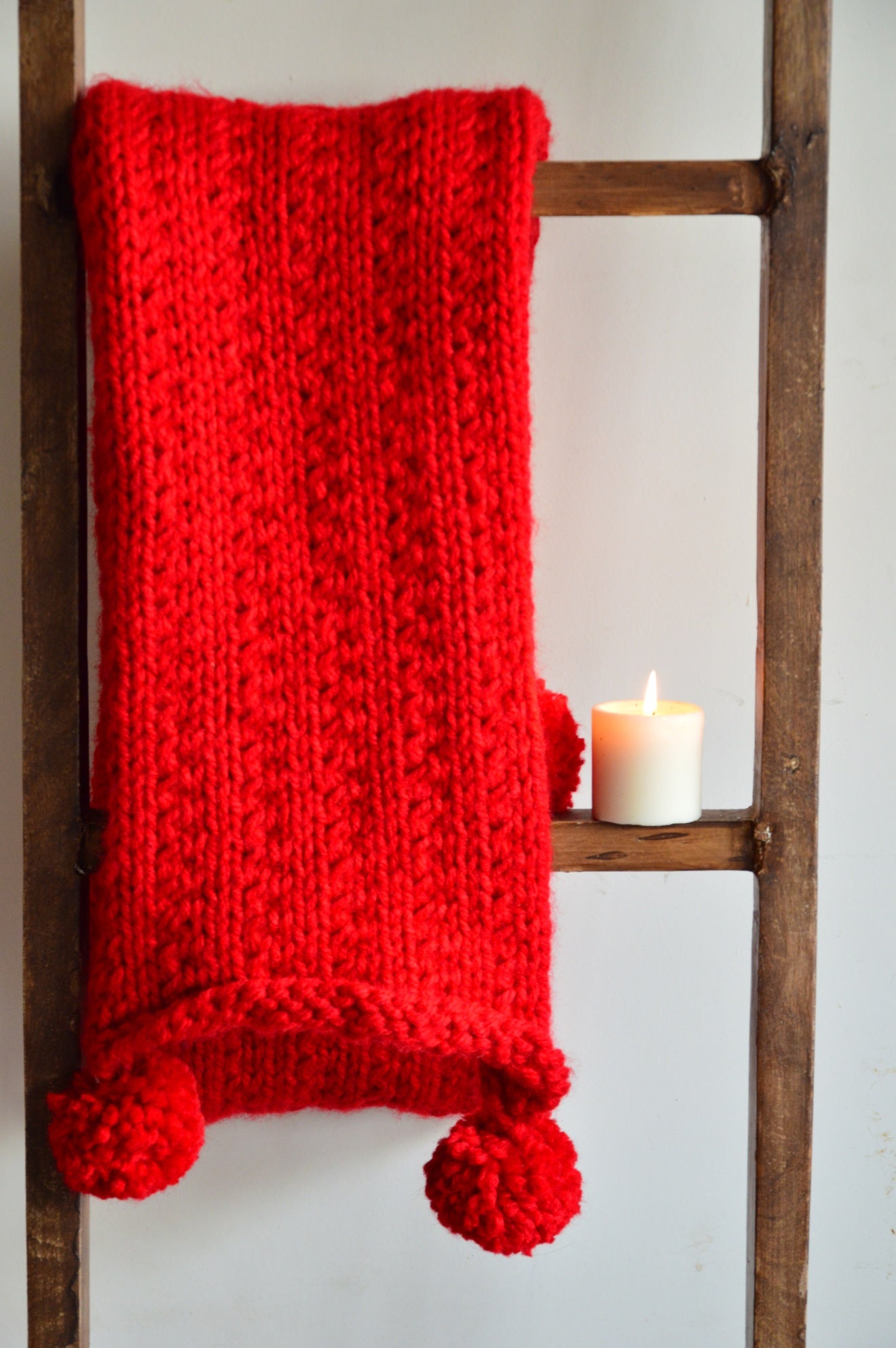 Red Scarf with Pom Poms | Woven Stories