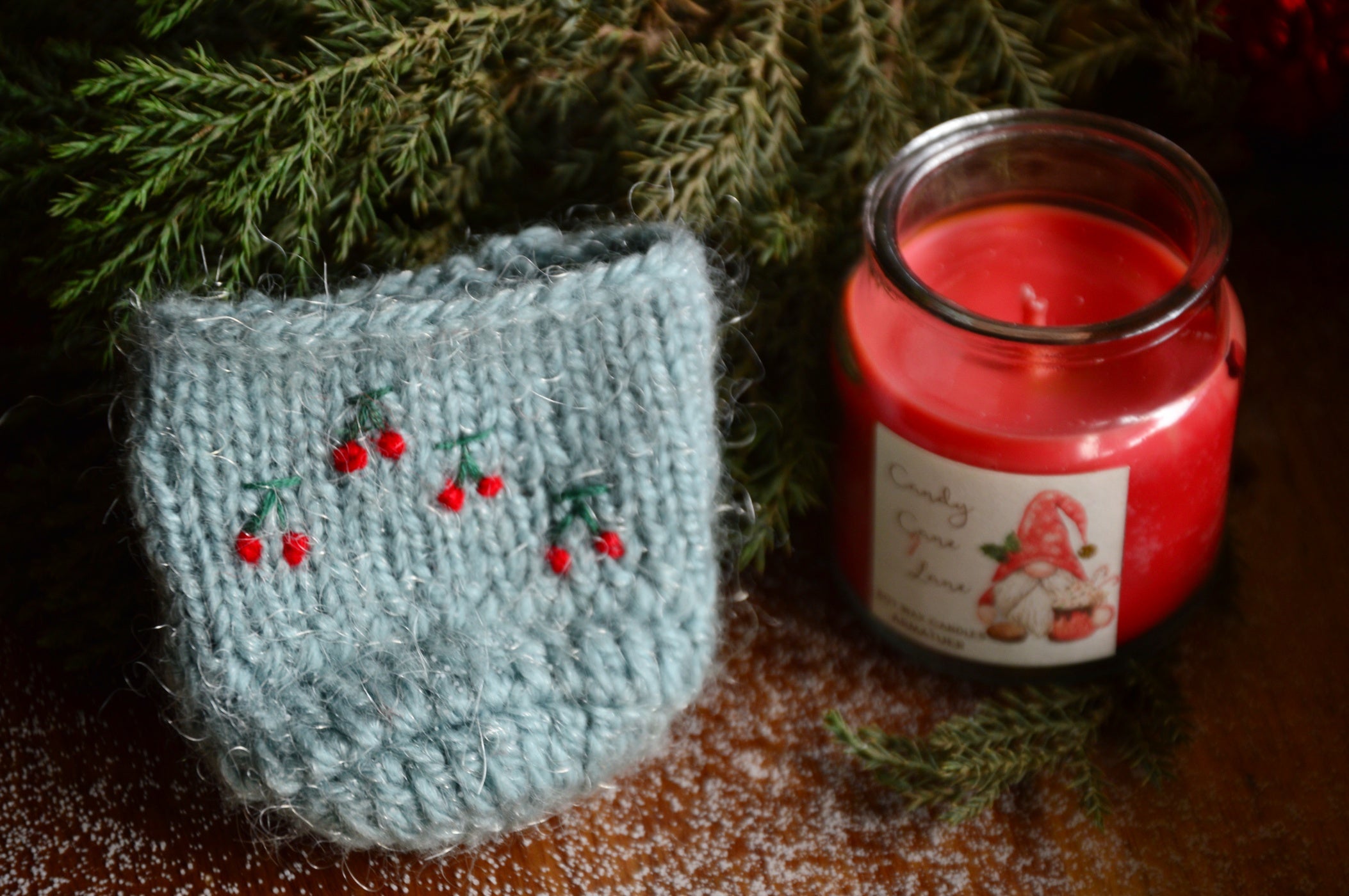 Sweater for Candles | Pastel Blue with Cherries