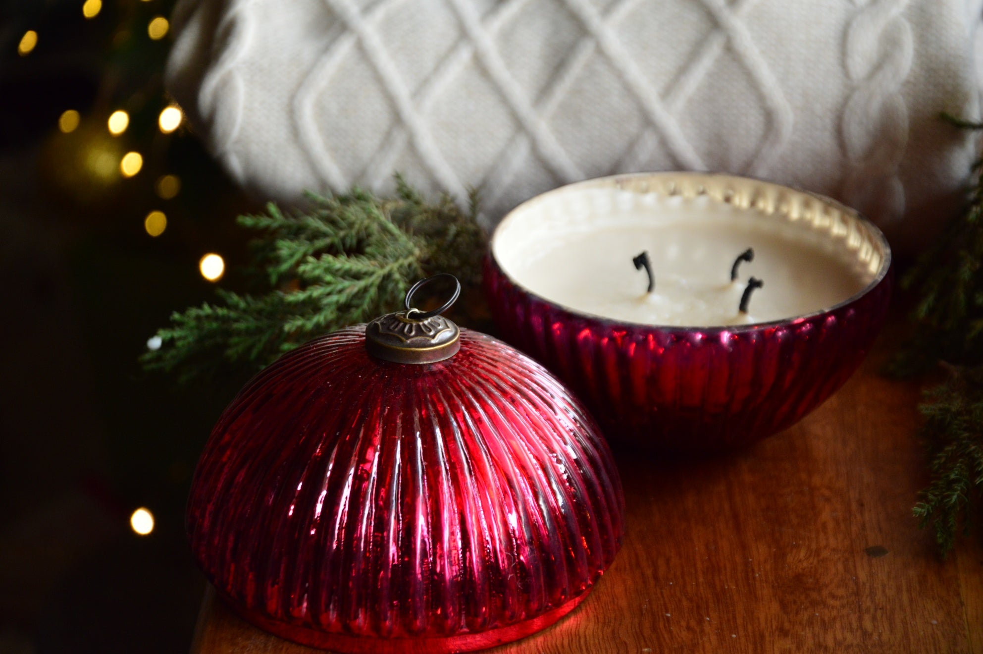 Red Christmas Ball Ornament Container Candle