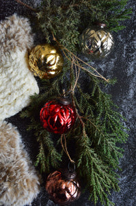 Snow Ball Glass Ornaments Copper, Silver, Gold & Red