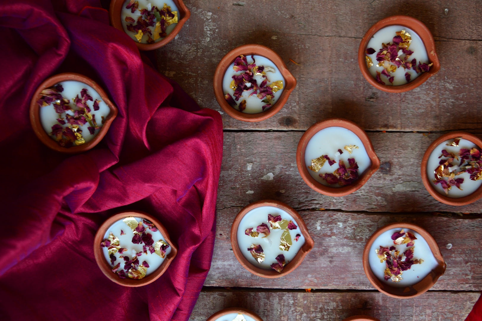 Terracotta Diyas with Rose Petals & Shimmer